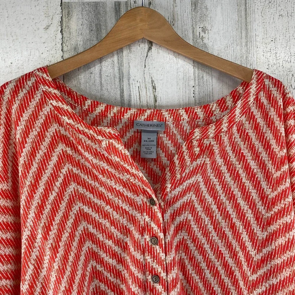 Catherines Henley Tunic Top Womens Plus 3X 26/28W Orange Cream Polyester S/S - Picture 2 of 6
